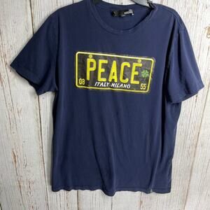 Love Moschino Men 3XL Peace T-Shirt Graphic Short Sleeve Crew Neck‎ Blue STAINS